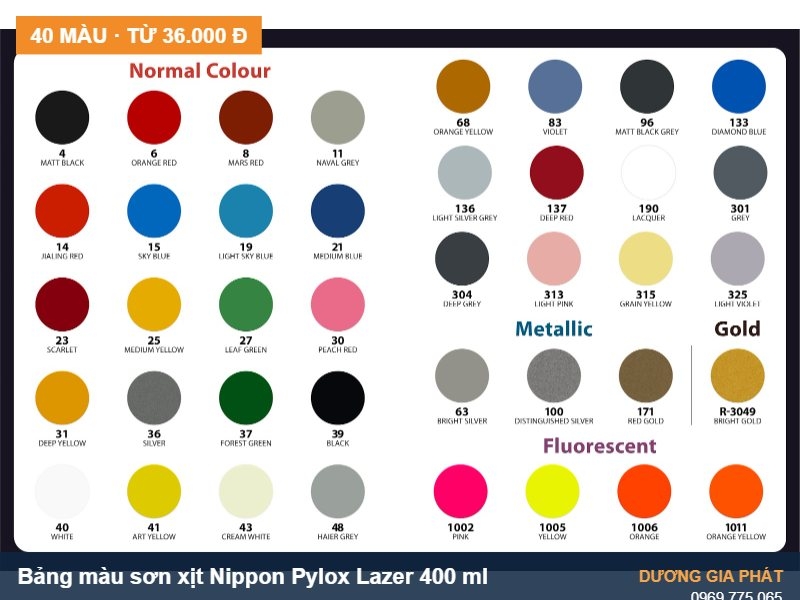 Bảng màu sơn xịt Nippon Pylox Lazer 2026: 40 mã màu, giá theo nhóm và cách xịt đẹp