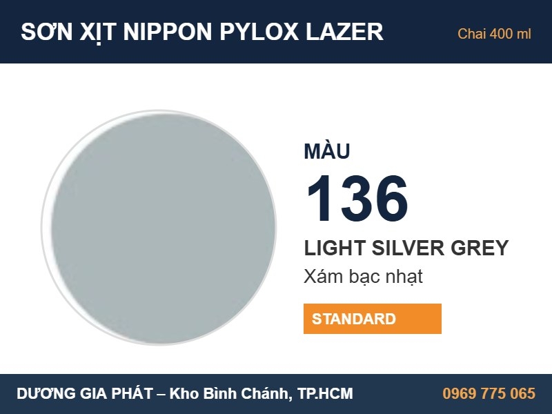 Sơn Xịt Nippon Pylox Lazer Màu 136 Light Silver Grey (Xám bạc nhạt) 400ml