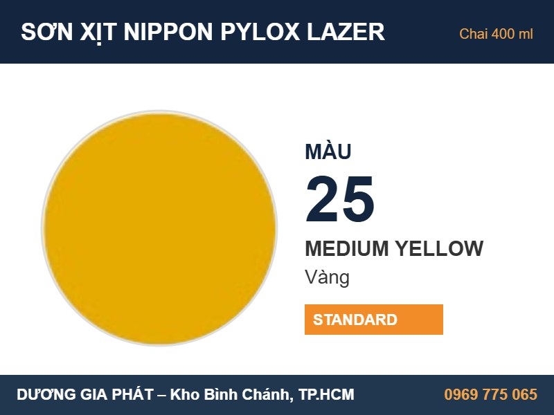 Sơn Xịt Nippon Pylox Lazer Màu 25 Medium Yellow (Vàng) 400ml