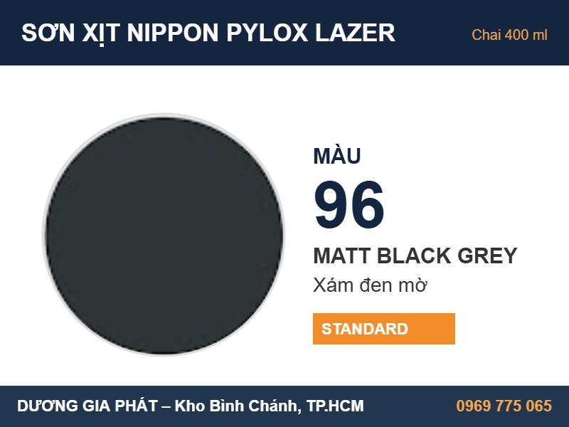 Sơn Xịt Nippon Pylox Lazer Màu 96 Matt Black Grey (Xám đen mờ) 400ml