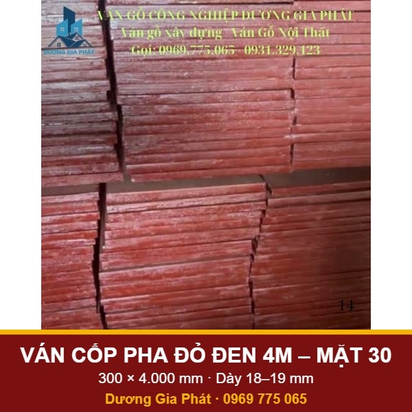 Ván Cốp Pha Đỏ Đen Dài 4 Mét Mặt 30 (300mm)