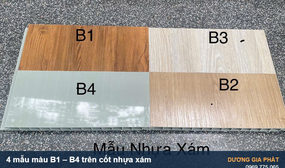 4 mẫu màu sàn nhựa chịu lực B1 đến B4 trên cốt nhựa xám
